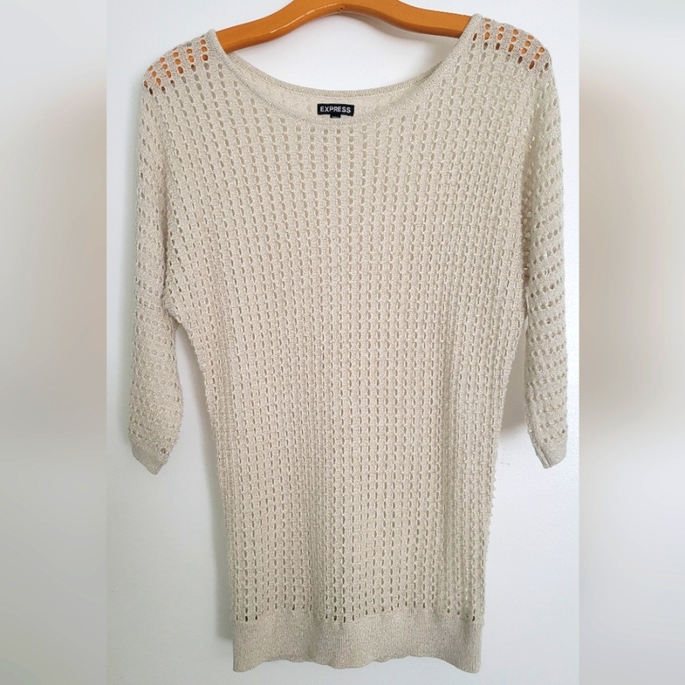 Express Gold/Silver Shimmer Scoop Neck 3/4 Sleeve Open Stitch Tunic Top